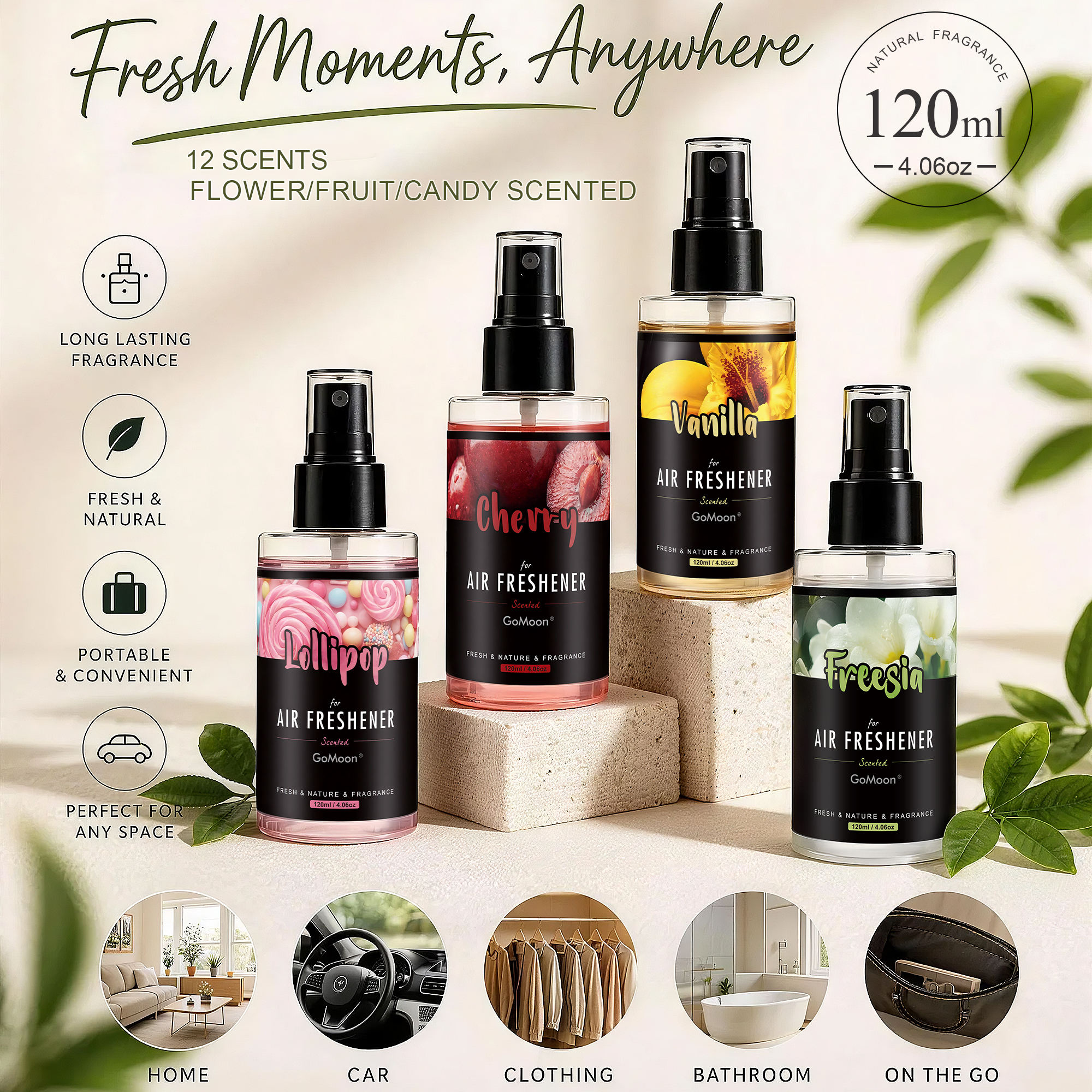 Home Spray Fragrance - Çiçek/Meyve/Şeker Kokulu Araba Parfümü Spreyi, 120ml/4.06oz