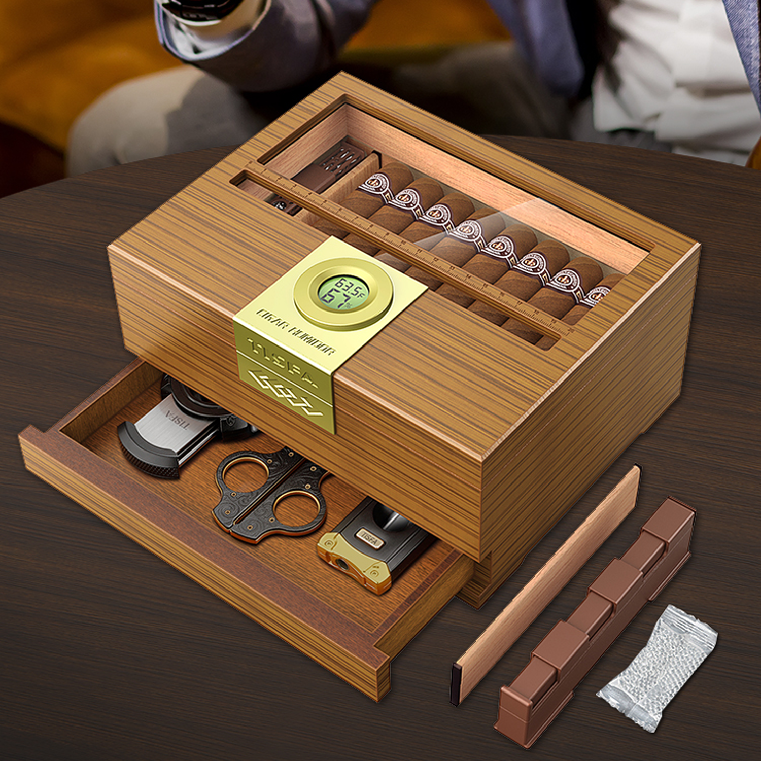 Home Fragrance Maple Walnut - Higrometreli ve Nemlendiricili Puro Kutusu Humidor,